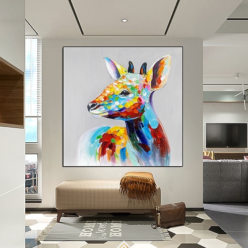 handgemaltes majestätisches Hirsch-Leinwandgemälde – farbenfrohes abstraktes Messertier-Ölgemälde im ländlichen Wildtier-Kunstgemälde für Heim- und Bürodekoration, Bauernhaus-Wohnzimmerdekoration Image