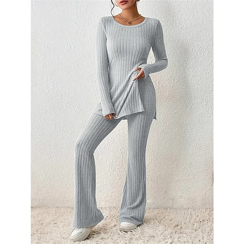 Loungewear-Sets für Damen in reinen Farben, modisch, bequem, weich, für zu Hause, für den Alltag, atmungsaktiv, Rundhalsausschnitt, langärmelig, Pullover, Hose, Herbst-Winter-Home-Outfits Image