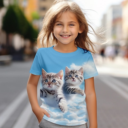 Mädchen 3D Katze T-Shirt Hemden Rosa Kurzarm 3D-Druck Sommer Aktiv Modisch Kuschelig kinderkleidung 3-12 Jahre Rundhalsausschnitt Outdoor Casual Täglich Regular Fit Image