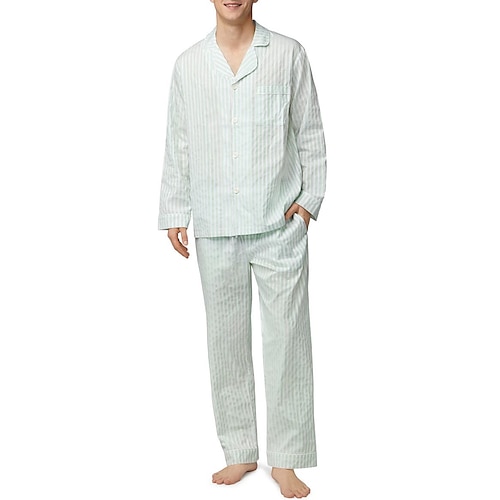 Herren Hausanzug Schlafanzüge Schlafanzug Set Pyjama-Oberteil und Hose 2 Stück Streifen Stilvoll Brautkleider schlicht Komfort Heim Täglich Baumwollmischung Komfort Kargen Langarm Hemd Hose Kordelzug Image