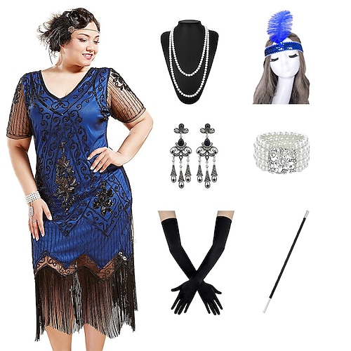 Goldene Zwanziger 1920er Cocktailkleid Midlänge Flapper Kleid Cocktailkleid Zubehörset Kurze Ärmel Der große Gatsby Hochzeitsgast Pailletten Quastenfransen V Ausschnitt Kostüm Damen Maskerade Party Image