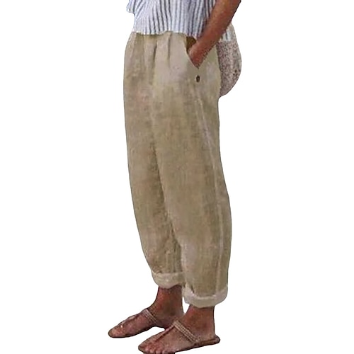 Damen Leinenhosen Chinos Baggy-Hosen solide Lässig Volle Länge Mittlere Taille Plissiert Baggy Fronttasche Schnelltrocknend Leicht Weich Mikroelastisch Täglich Heim Weiß Himmelblau Grün Khaki Sommer Image