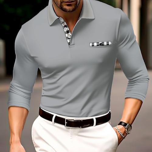 Herren Poloshirt Golfhemd Casual Sport Kargen Langarm Modisch Basic Farbblock Taste Vordertasche Frühling Herbst Regular Fit Schwarz Weiß Marineblau Grau Poloshirt