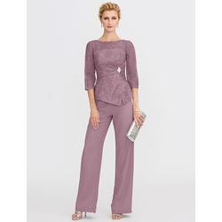 Jumpsuit Hosenanzug Mutter der Braut Formal Plus Size Sexy Durchsichtig Bateau-Ausschnitt Bodenlänge Chiffon Glitzer Spitzen 3/4-Arm mit Spitzenpailletten 2025 kostenlose Maßanfertigung