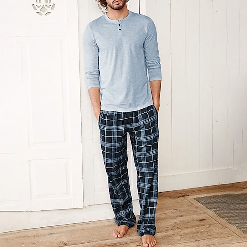 Herren Hausanzug Schlafanzüge Schlafanzug Set Pyjama-Oberteil und Hose 2 Stück Plaid Stilvoll Brautkleider schlicht Komfort Heim Täglich Baumwollmischung Komfort Henley Langarm T Shirt Hose Kordelzug Image