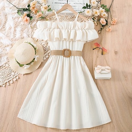 Kinder Mädchen Kleid Einfarbig Ärmellos Kurzarm Lässig Outdoor Rüsche Täglich Lässig Elasthan Viskose Polyester Knielang Weißes Kleid Freizeitkleid Sommer 7-13 Jahre Blau Weiß Rosa Image