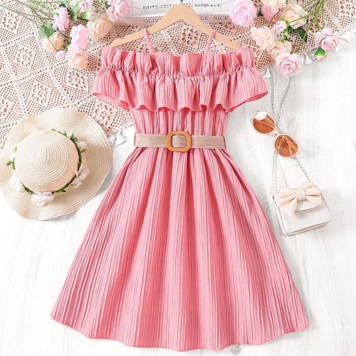 kinderkleidung Mädchen Kleid Feste Farbe Ärmellos Kurzarm Outdoor Casual Rüsche Täglich Brautkleider schlicht Polyester Knielang Weißes Kleid Casual kleid Sommer 7-13 Jahre Weiß Rosa Blau Image