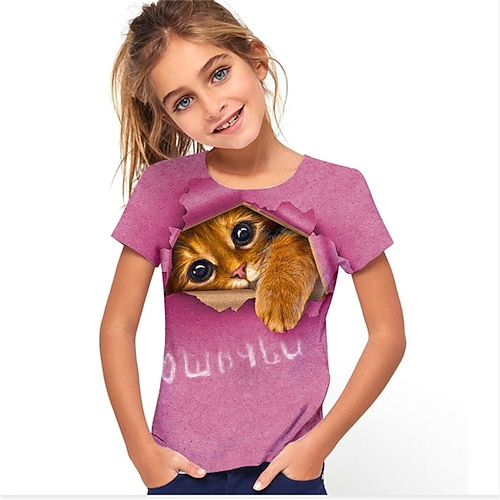 Mädchen 3D Graphic Tier Katze T-Shirt Kurzarm 3D-Druck Aktiv Kuschelig kinderkleidung 3-12 Jahre Image
