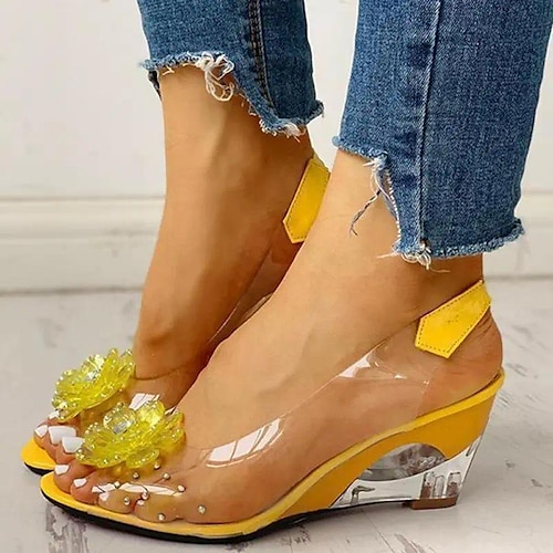 transparente Damen Keilsandaletten mit floraler Strass-Verzierung – stylische offene Schuhe für den Sommer, Partys und besondere Anlässe Image