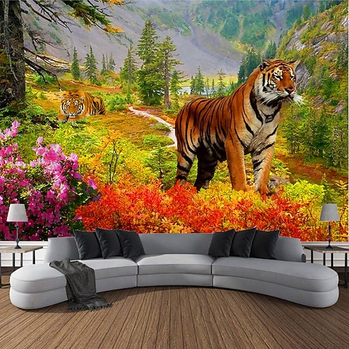 Wandteppich Wald Tierwelt Tiger hängende Tapisserie Wandkunst große Tapisserie Wandbild Dekor Foto Hintergrund Decke Vorhang Zuhause Schlafzimmer Wohnzimmer Dekoration Image