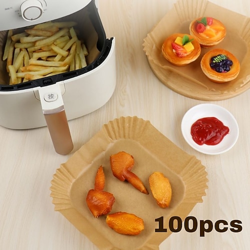 100 Stück Luftfritteuse Einweg-Pergamentpapiereinlage quadratisch rund ölbeständiges Papierfach Antihaft-Backmatte Airfryer-Zubehör Image