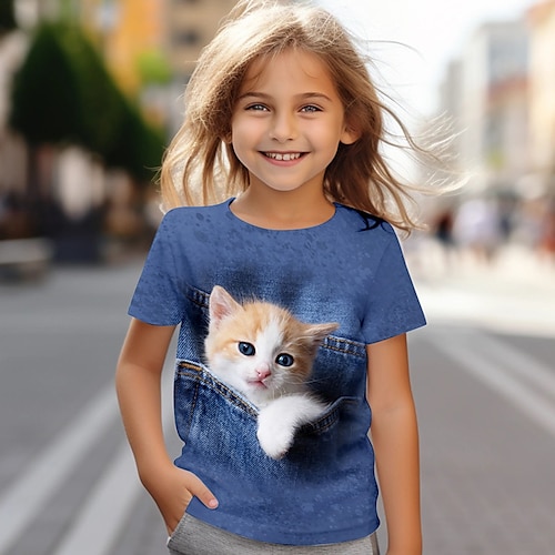 Mädchen 3D Katze T-Shirt Hemden Kurzarm 3D-Druck Sommer Aktiv Modisch Kuschelig kinderkleidung 3-12 Jahre Rundhalsausschnitt Outdoor Casual Täglich Regular Fit Image