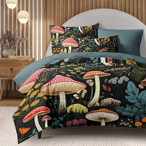 Pilzwald, mexikanisches Volkskunstmuster, Bettbezug-Set, Bettdecken-Set, weiches 3-teiliges Luxus-Baumwoll-Bettwäsche-Set, Heimdekoration, Geschenk Image
