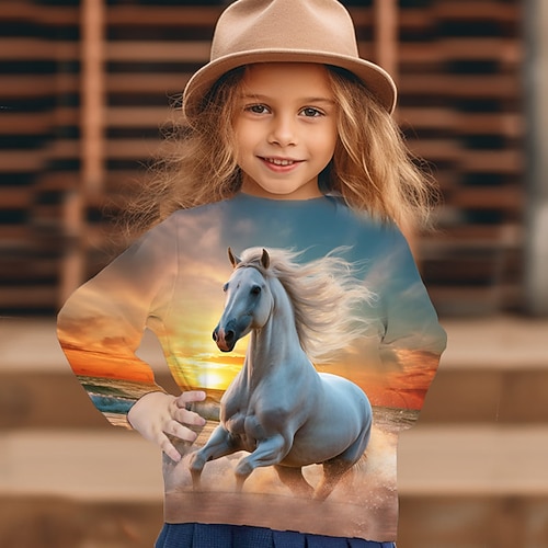 Mädchen 3D Graphic Tier Pferd Pullover Langarm 3D-Druck Sommer Herbst Modisch Strassenmode bezaubernd Polyester kinderkleidung 3-12 Jahre Outdoor Casual Täglich Regular Fit Image