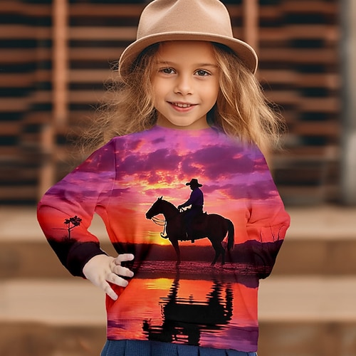Mädchen 3D Graphic Tier Pferd Pullover Langarm 3D-Druck Sommer Herbst Modisch Strassenmode bezaubernd Polyester kinderkleidung 3-12 Jahre Outdoor Casual Täglich Regular Fit Image