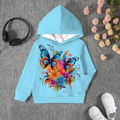 Mädchen 3D Tier Schmetterling Kapuzenshirt Langarm 3D-Druck Herbst Winter Aktiv Sport Modisch kinderkleidung 3-12 Jahre Outdoor Täglich Innen Regular Fit Image