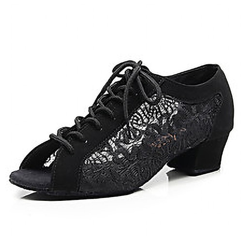 schwarze Tanzschuhe mit Spitzendetails, offener Spitze, weicher Wildledersohle und Schnürdesign – bequeme Standard- und Latein-Tanzschuhe für Damen Image