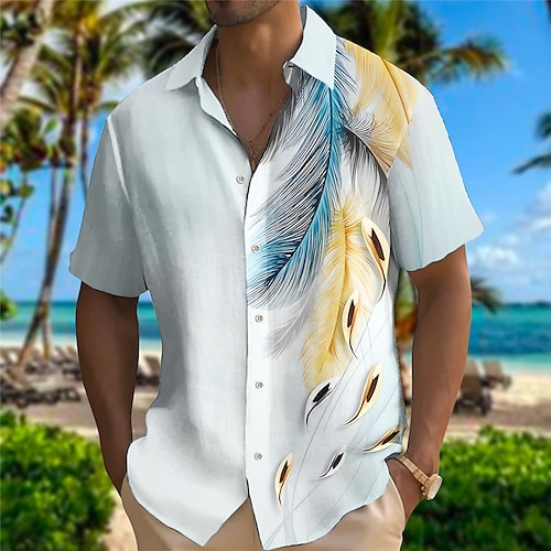 Herren Hemd leinenhemd Hawaiihemd Sommerhemd Ethnisches Hemd Feder Outdoor Urlaub Gelb Blau Kurze Ärmel Umlegekragen Sommer Frühling Bekleidung Bedruckt Image