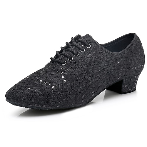 Schwarze Tanzschuhe aus Spitze für Damen mit mittelhohem Absatz - elegante Latein- und Gesellschaftsschuhe mit Pailletten für Auftritte Image