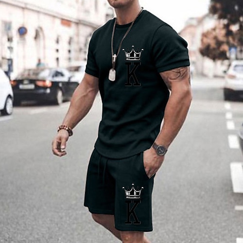 Herren Buchstabe 2St T-Shirts-Sets Passende Sets Kurzarm Kurze Hosen Rundhalsausschnitt Mode Streetwear Gymnastik Outdoor Alltagskleidung Ausgehen Kordelzug Elastischer Bund Sommer Schwarz Weiß Rosa Image