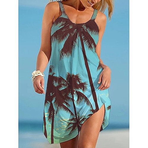 Damen Mini Kleid Petite Kleid Sommerkleid Shift Kleid Sommer Kleid Tropisch Sexy Lässig Urlaub Täglich Strand Lockerer Schnitt Farbverlauf Ärmellos Rundhals Regenbogen Blau Grün Sommer Frühling Image