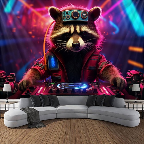 Schwarzlicht-Wandteppich, UV-reaktiv, leuchtet im Dunkeln, leuchtet Party, Neon, trippig, nebliger DJ, Waschbär, Tier, Wandteppich, Wandbild für Wohnzimmer, Schlafzimmer Image