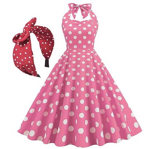 Retro Vintage 1950er Grease Outfits Vintage Inspiriertes Knielanges Cocktailkleid Stirnband Swing Kleid Ärmellos Schleife Polka Dots Fit Flare Neckholder Festliches Kleid Damen Karneval Valentinstag Image
