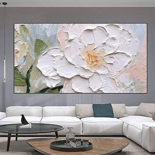 Großes handgemaltes Regenbogenblumen-Ölgemälde auf Leinwand, handgefertigtes buntes Messerkunstgemälde, Schlafzimmer-Wanddekoration, Texturwandkunst, abstraktes blühendes Blumentexturgemälde Image