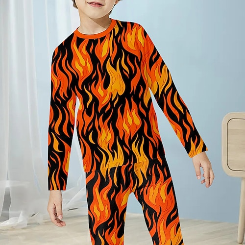 Jungen 3D Feuer Pyjama-Sets Langarm 3D-Druck Herbst Winter Aktiv Cool Täglich kinderkleidung 4 Jahre Rundhalsausschnitt Heim Normal Innen Regular Fit Image