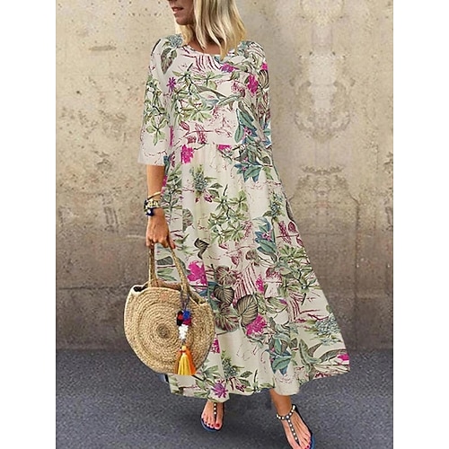 Etuikleid Damen Maxikleid Rot Marineblau Gelb Halbarm Blumendruck Frühling Sommer Rundhals Freizeit Freizeit Lose 2022 M L XL XXL 3XL 4XL 5XL Image