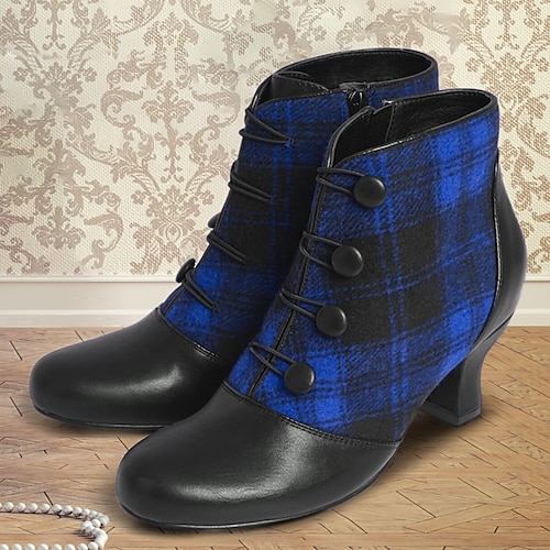 Damen-Stiefeletten im viktorianischen Stil mit Karomuster und Knöpfen – Stiefeletten mit Retro-Absatz und seitlichem Reißverschluss für Weihnachtsfeiern und Feiertagstreffen Image