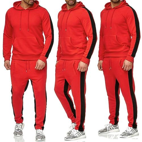 Herren Trainingsanzug Jogginganzug Sportbekleidungsset Hoodie Sweatshirt Kapuze Jogginganzüge Schwarz Weiß Gelb Rote Dunkelgray Mit Kapuze Feste Farbe Streifen Sport Natur Ausgehen Sportbekleidung