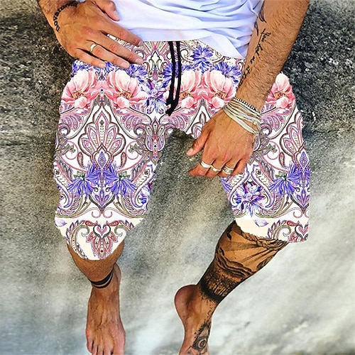 Herren Badehosen Badeshorts Boardshorts Sommershorts Strandshorts Kordelzug Elastischer Bund 3D-Druck Grafik Schnelltrocknend Weich Kurz Lässig Täglich Ferien Hawaiianisch Dunkelbraun Schwarz / Weiß Image