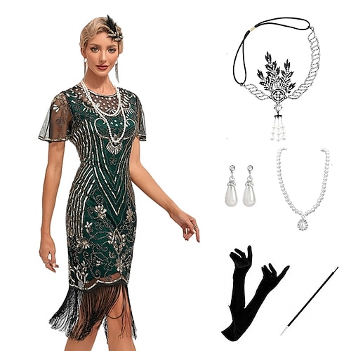 Goldene Zwanziger 1920er Knielang Kurze Länge Flapper Kleid Outfits Partykostüm Illusionsärmel Kurze Ärmel Der große Gatsby Hochzeitsgast Pailletten Quastenfransen Pailletten Quaste Rundhals Image