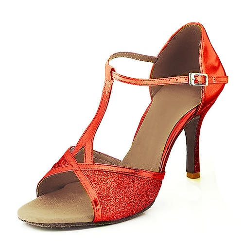 Damen Schuhe für den lateinamerikanischen Tanz Salsa Schuhe Leistung Innen Funkelnde Schuhe Sandalen Glitzer Schnalle T-Riemen Schwarz Rot Silber