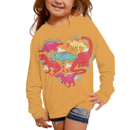 Mädchen 3D Tiermotiv Dinosaurier Buchstabe T-Shirt Langarm 3D-Druck Herbst Winter Aktiv Mode Täglich Kinder 3-12 Jahre Täglich Outdoor Normale Passform Image