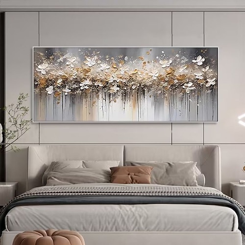 Handgefertigtes Ölgemälde auf Leinwand, Wandkunst, Dekoration, abstrakte Blumen, horizontale Bettdekoration, Gemälde für Schlafzimmer, Heimdekoration, gerolltes, rahmenloses, ungedehntes Gemälde Image