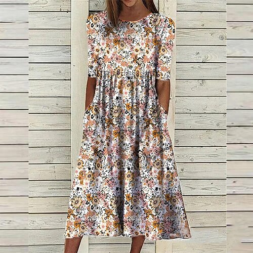 Damen Midikleid Freizeitkleid Druckkleid Basic Romantisch Lässig Urlaub Täglich Herbstkleid Normale Passform Blumen Grafik Halbarm Rundhalsausschnitt Gelb Blau Orange Herbst Image