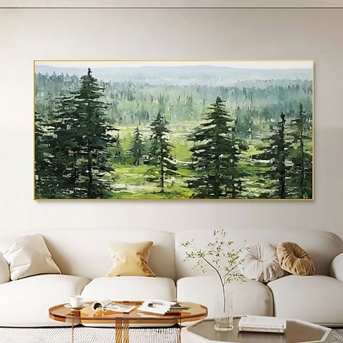 Handgefertigtes Ölgemälde auf Leinwand, Wandkunst, Dekoration, moderne grüne Tannenwaldlandschaft für Heimdekoration, gerolltes, rahmenloses, ungedehntes Gemälde Image