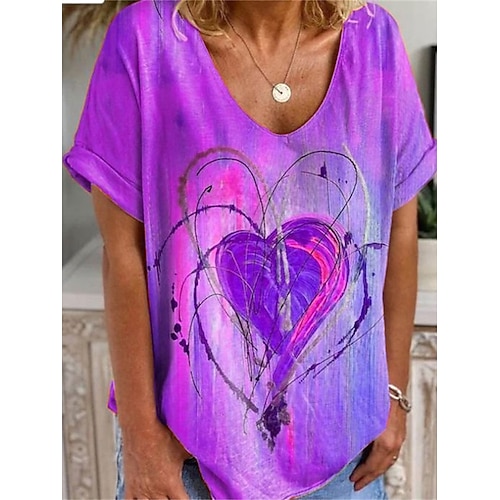 Valentins Frauen Herz T-Shirt Süßes rotes Tee Druck Wochenendmode Kurzarm V-Hals roter Sommer Frühling Herbst Image