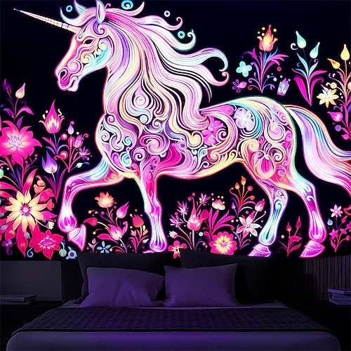 Schwarzlicht Wandteppich UV reaktiv im Dunkeln leuchtend Party Neon Einhorn Tier psychedelisch trippig neblig hängender Wandteppich Wandbild für Wohnzimmer Schlafzimmer Image