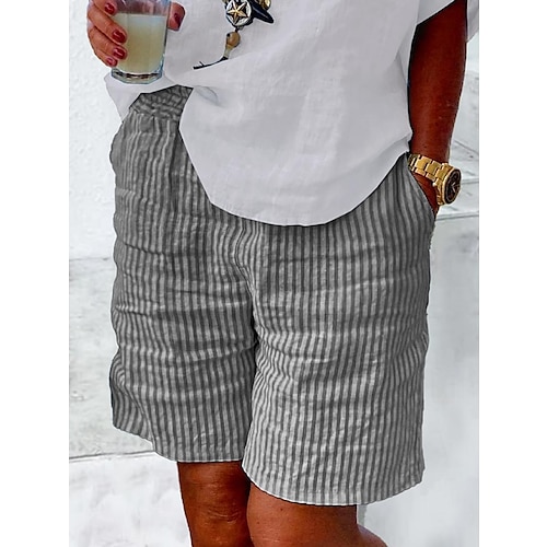 Damen Bermudashorts Kunstbaumwollleinen Sommershorts Mode Basic Lässig Kurz Hohe Taille Gestreift Seitentaschen Baggy Komfort Unelastisch Strand Urlaub Straße Grau Normale Passform Image