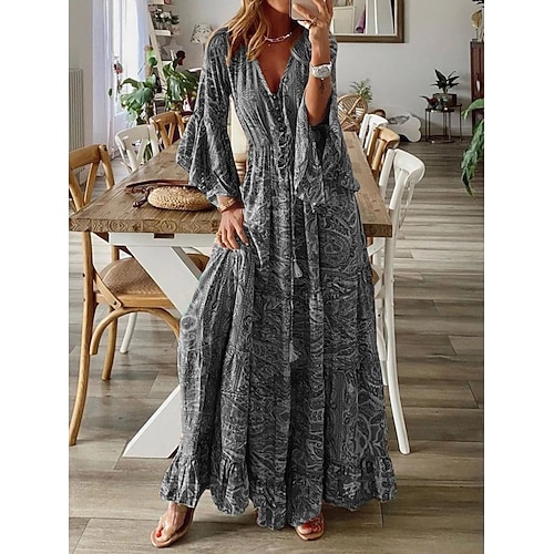 Damen Maxikleid Langärmliges Boho-Kleid Boho-Kleid Kleid drucken Böhmen Modisch Strassenmode Ausgestellter Ärmel Strasse Festtage Ausgehen Lockere Passform Graphic V Ausschnitt Rote Blau Purpur Orange Image