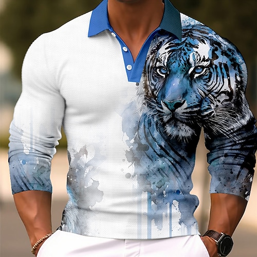 Herren Tiger Golfshirt Langarm Polo-Shirts Hemden mit Kragen Lässig Lustig Streetwear Urlaubskleidung Party-Outfits 3D-Druck Knöpfe Herbst Winter Rote Blau Himmelblau Image
