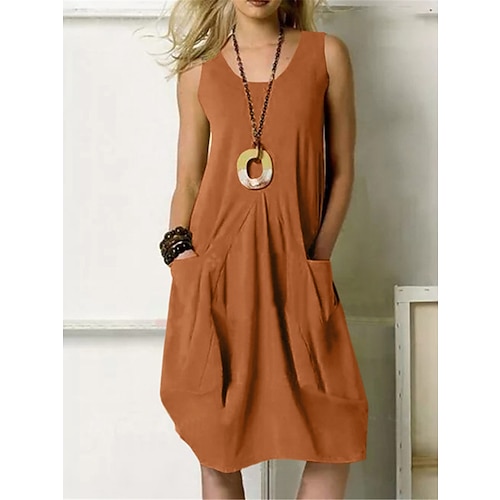 Damen Midikleid 100% Baumwolle Shiftkleid Sommerkleid Freizeitkleid Basic Klassisch Lässig Täglich Outdoor Normale Passform Einfarbig Ärmellos U-Ausschnitt Armeegrün Marineblau Orange Aprikose Sommer Image