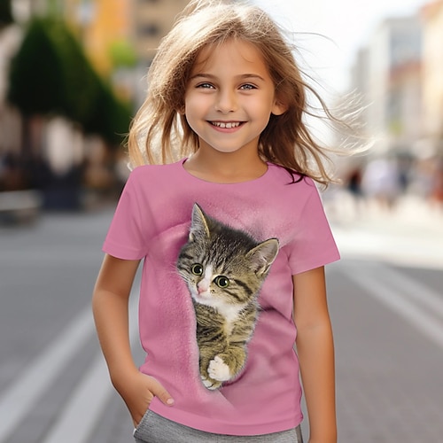 Mädchen 3D Katze T-Shirt Hemden Kurzarm 3D-Druck Sommer Aktiv Modisch Kuschelig kinderkleidung 3-12 Jahre Rundhalsausschnitt Outdoor Casual Täglich Regular Fit Image
