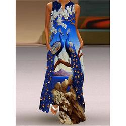 Damen kleid lang Casual kleid Kleid drucken Blumen Pfau Fische Strassenmode Brautkleider schlicht Outdoor Urlaub Ausgehen Tasche Bedruckt Ärmellos V Ausschnitt Kleid Regular Fit Gelb Königliches Blau