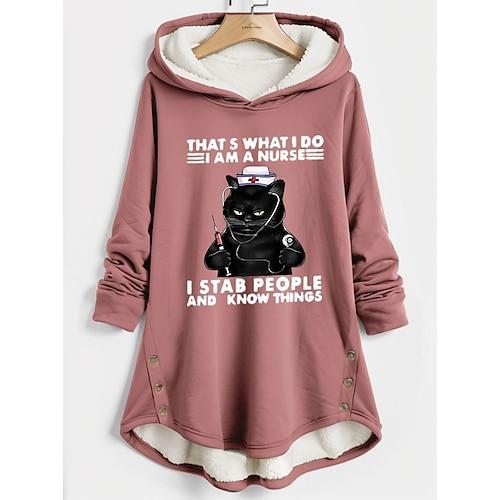 Damen-Kapuzenpullover, Sweatshirt, Pullover, Fleece-gefüttert, Katzen-Buchstaben-Print, lässiger Sport-Print, Sportbekleidung, lustiger Komfort, lockere Passform, Kapuzenpullover, langärmeliges