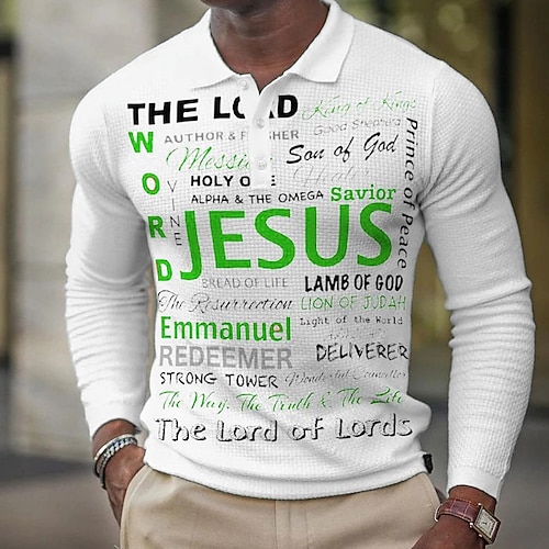 Herren Jesus Christlich Waffel-Poloshirts Golfshirt Langarm Polo-Shirts Hemden mit Kragen Lässig Urlaubskleidung Party-Outfits Knöpfe 3D-Druck Weiß Marineblau Grün Image