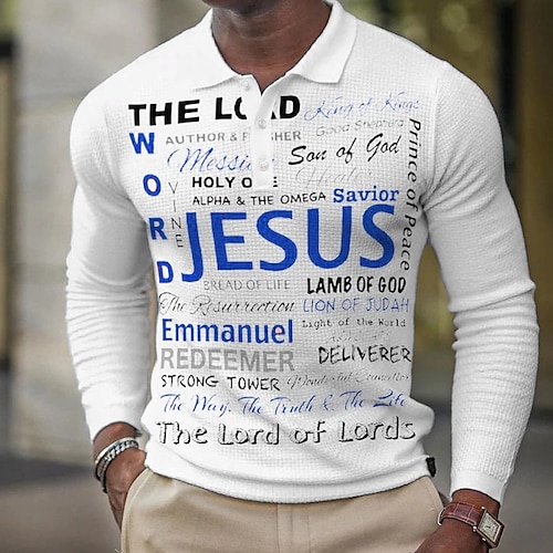 Herren Jesus Christlich Waffel-Poloshirts Golfshirt Langarm Polo-Shirts Hemden mit Kragen Lässig Urlaubskleidung Party-Outfits Knöpfe 3D-Druck Weiß Marineblau Grün Image